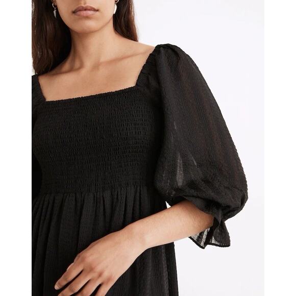 Madewell Women's Lucie Elbow-Sleeve Smocked Midi Dress XXS Black - Picture 9 of 9